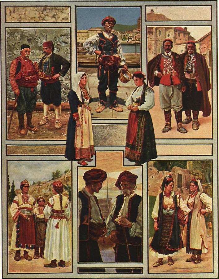 Illustration Männer, Mädchen und Frauen aus Canali, Clissa, Kotor, Almissa, Imoski und Trebinje