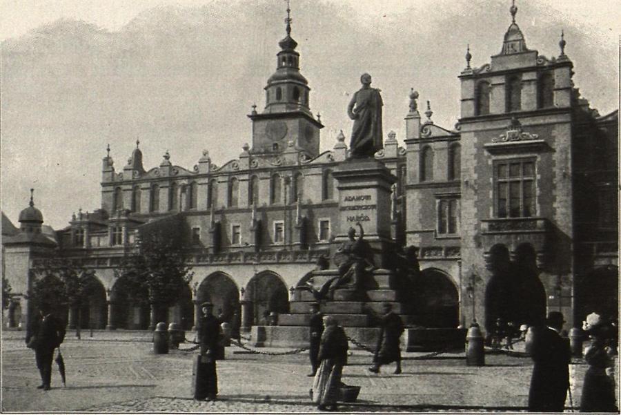 Illustration Krakau: Ringplatz mit der Tuchhalle, dem alten Rathausturme und dem Mickiewiczdenkmal