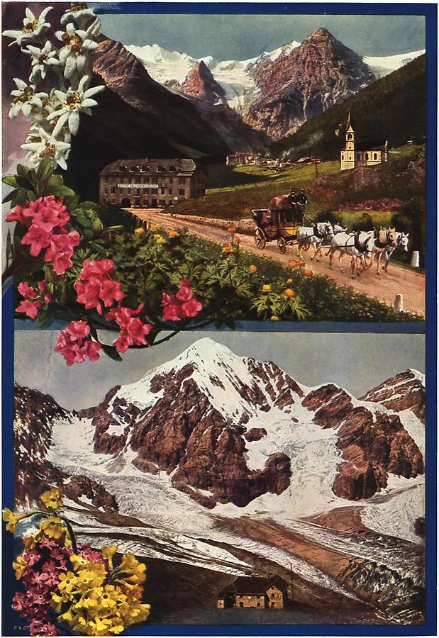 Illustration Trafoi mit der Stilfserjoch-Straße und dem Madatsch-Ferner Die Schaubach-Hütte bei Sulden, mit Gesamtansicht der Königs-Spitze und mit dem Sulden-Gletscher