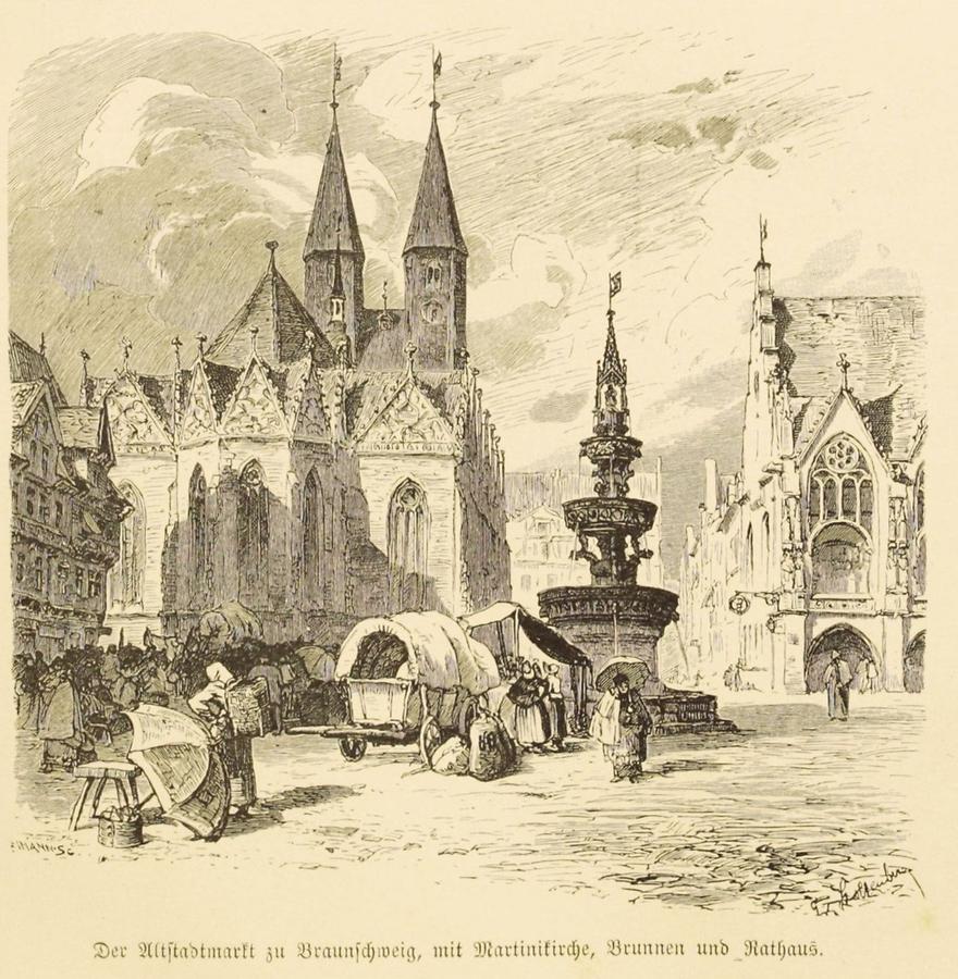 Illustration Der Altstadt-Markt zu Braunschweig mit Martinikirche, Brunnen und Rathaus