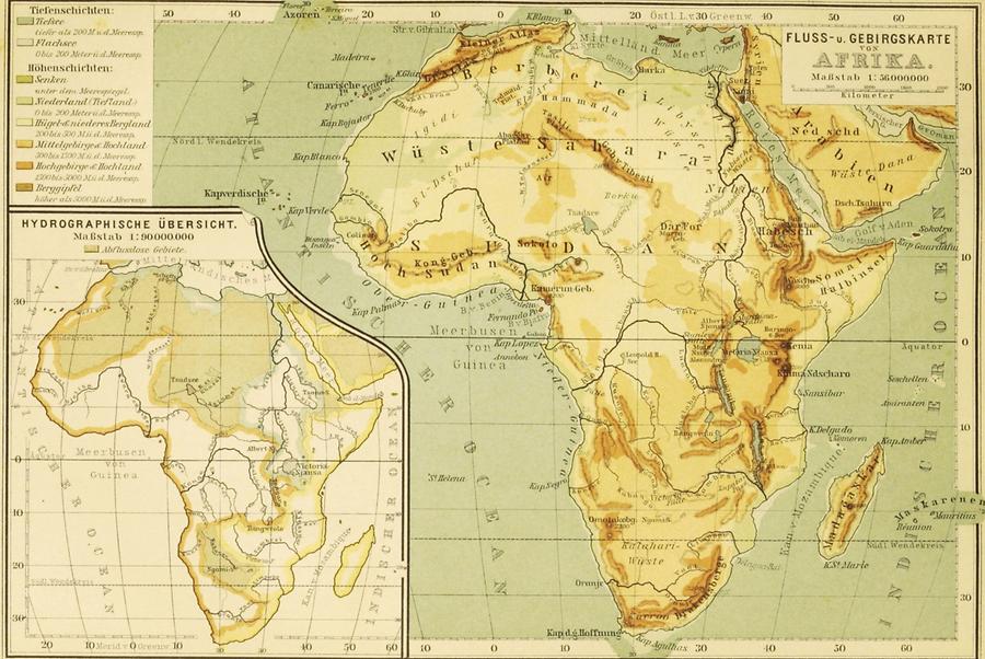 Illustration Fluss- und Gebirgskarte von Afrika und hydrographische Übersicht