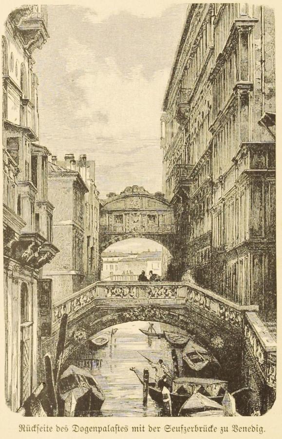 Illustration Rückseite des Dogenpalastes mit der Seufzerbrücke zu Venedig