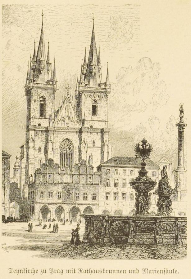 Illustration Teynkirche zu Prag mit Rathausbrunnen und Mariensäule