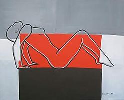 Aus der Serie 'Das Rote Sofa'., Titel 'Das Rote Sofa'., Acryl auf Mischgewebe. 2009. 80x100 cm cm, © Martina Schettina (VBK)