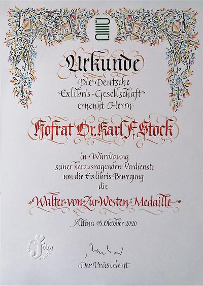 Urkunde: Walter-von-Zur-Westen-Medaille 2020