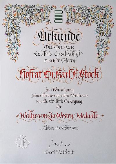 Urkunde: Walter-von-Zur-Westen-Medaille 2020 Urkunde: Walter-von-Zur-Westen-Medaille 2020