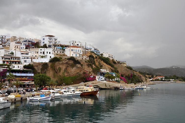 Agia Galini harbour in the rain on the south cost of Crete, Greece.