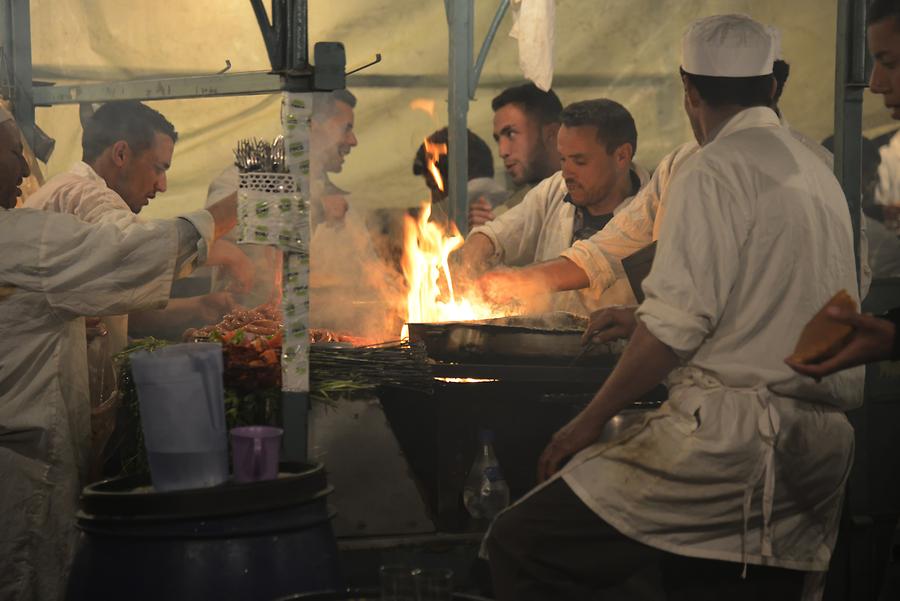 Marrakech - Djemaa el-Fnaa at Night; Food STall