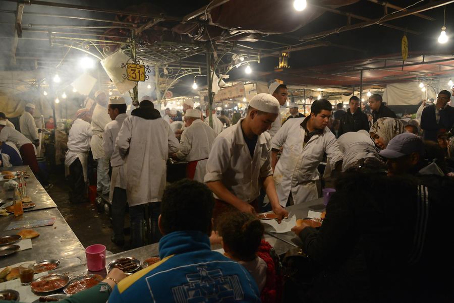 Marrakech - Djemaa el-Fnaa at Night; Food Stalls