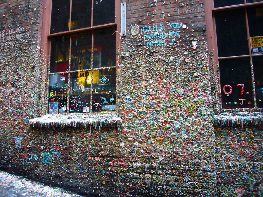 brick wall pasted with chewing gum