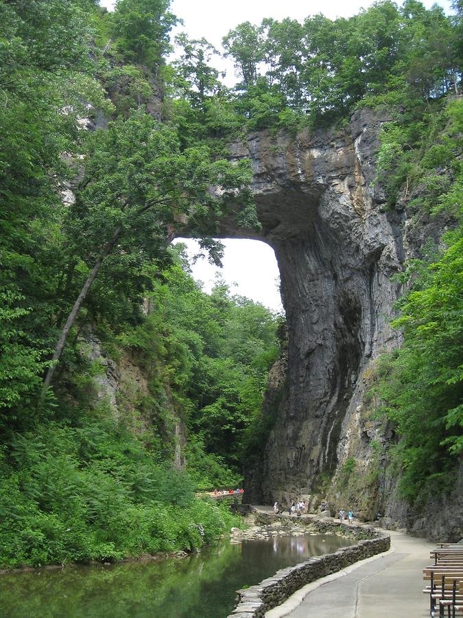 high stone arch overgrown with trees