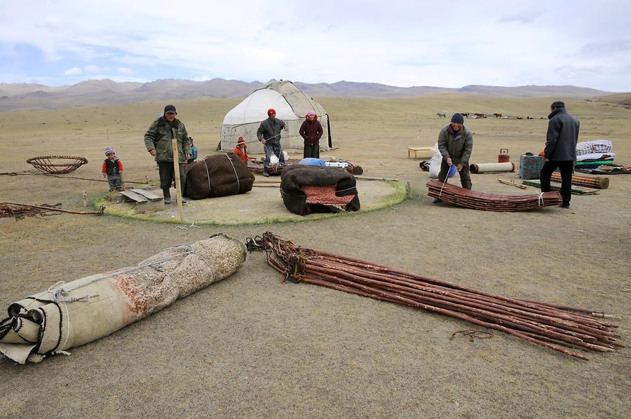 Nomads Taking down their Yurt