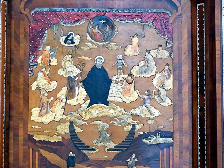 Monastery Banz - Inlays in the choir show a scene of the libe of holy Benedict