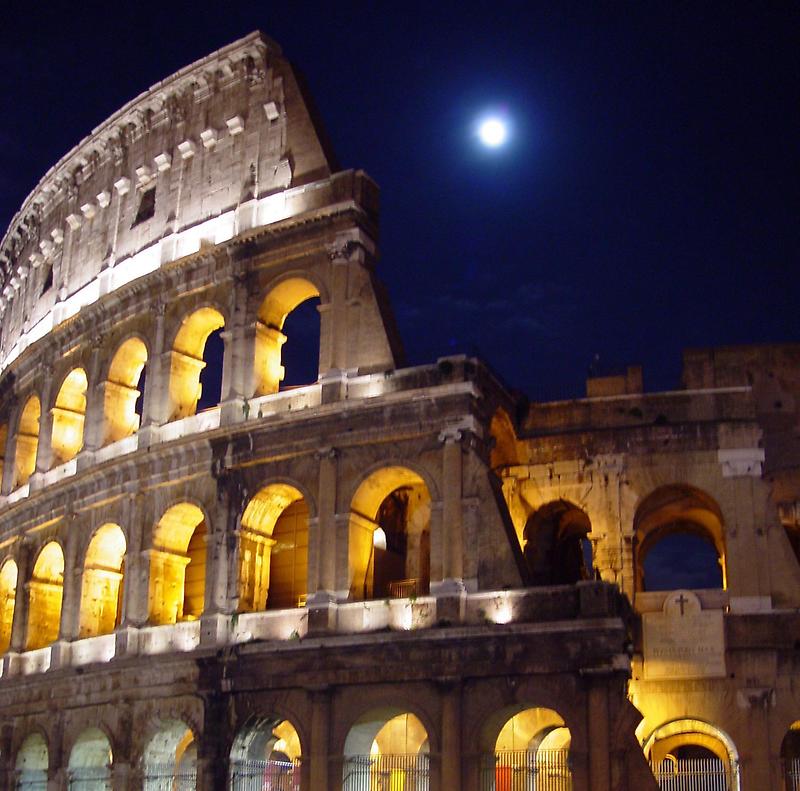 Nighttime view of the Roman Colosseum