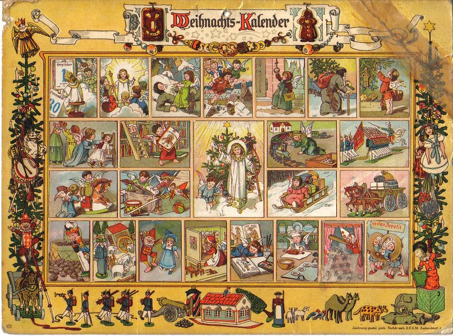 Im Lande des Christkinds. Die Fenster enthielten weihnachtliche Verse und konnten mit Bildern aus einem Ausschneidebogen überklebt werden. Vollständig überklebtes Exemplar. Erschienen bei Gerhard Lang in München. 1903 (Nachdruck von 1915)