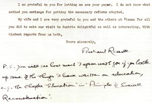 Brief von Bertrand Rüssel an Hans Thirring, geschrieben kurz nach seinem Besuch in Wien, 1958