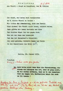 Einladung zum Würstel-Abend, mit handschriftlicher Anmerkung von Annemarie Schrödinger, 1933