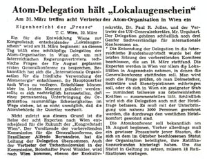Original-Zeitungsbericht anlässlich des Besuches einer IAEA-Delegation am 19. August 1955, kurz vor der Übergabe der IAEA-Buchbestände an die Zentralbibliothek für Physik in Wien