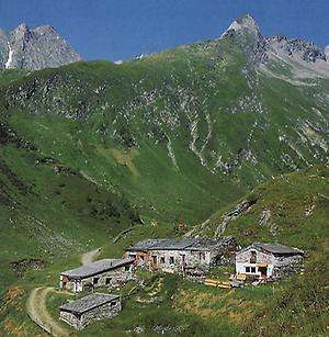 Die Hütten der Mitteldorfer-Alm sind lawinensicher in den Hang gebaut.