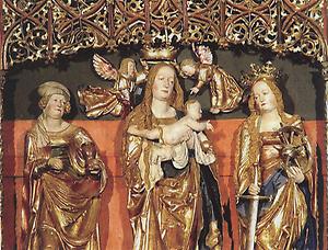 Pfarrkirche Waldburg: Die drei Hauptfiguren des Hochaltars zeigen Maria (Mitte), Maria Magdalena und Katharina (rechts).