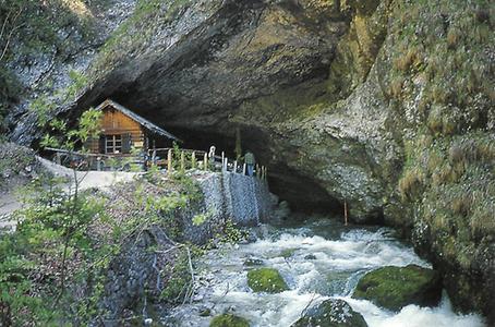 Obertraun: Eingang zur Koppenbrüllerhohle, bei der sich die gewaltigen Schmelzwasser des Frühjahrs mit einem regelrechten 'Brüllen' Bahn verschaffen.