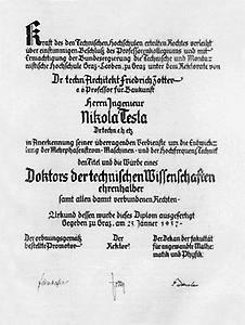 Nikola Tesla Ehrendoktor-Urkunde