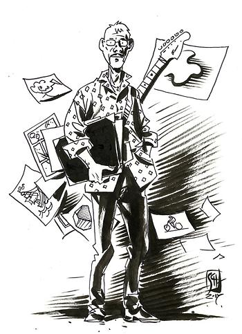 Graphic Novelist Chris Scheuer mit seiner Fender Stratocaster im Selbstportrait – (Grafik: Kunst Ost)