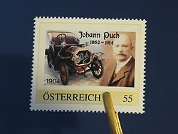 Die Puch Voiturette von 1906 (hier falsch datiert) auf einer Briefmarke in privater Edition – (Foto: Martin Krusche)