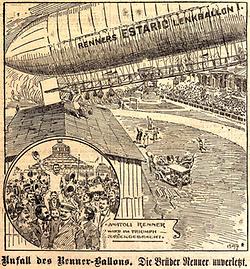 Anatol Renner im Luftschiff Estaric (mit dem Puch-Motor), ein Titelbild der Illustrierten Konen Zeitung vom 18.Oktober 1909 – (Graphik: Österreichishe Nationalbibliothek)