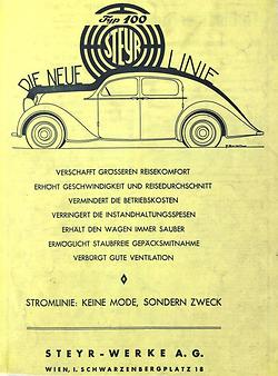 Jenschke schickt die Stromlinie in Serie: Inserat aus der Österreichischen Touring Zeitung anno 1934 – (Graphik: Österreichische Nationalbibliothek)