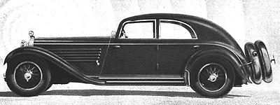 Um deutlich zu machen, wie im Vergleich das Luxussegment ausgestattet war: Das Steyr Baby stand sehr bescheiden neben diesem Austro-Daimler Bergmeister von 1934, der als „Stromlinien-Limousine“ und „Meisterstück österreichischer Konstruktionskultur“ beworben wurde. – (Graphik: Österreichische Nationalbibliothek)