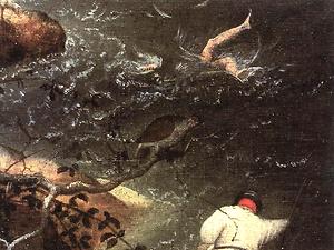 Ausschnitt aus Pieter Bruegels Gemälde, das rechts in kompletter Ansicht steht: Das Rebhuhn, zu dem Talos wurde, als Daedalus ihn zu ermorden versuchte, beobachtet den Todessturs des Ikarus – (Foto: Mattes, Public Domain)