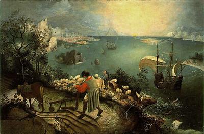 Nur der Hirte sieht sich nach Daedalus um: Landschaft mit dem Sturz des Ikarus (ca. 1558) von Pieter Bruegel d. Ä., Königl. Museen der Schönen Künste (Foto: Mattes, Public Domain)