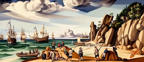 Adam Willaerts Gemälde „Wildziegenjagd an der Küste“ per KI im Stil von Tamara de Lempicka.