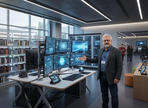 Ich hab mich von einer KI in einen seriösen Abteilungsleiter verwandeln lasse, der für eine konventionelle Bibliothek mit leistungsstarker EDV verantwortlich ist.