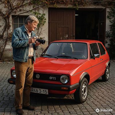 Richard Mayr und das erste Baumuster des Golf GTI.