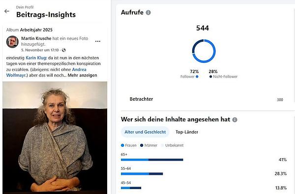 5.11.2025, 17:10 Uhr, (ein Foto, zeitgt…) eindeutig Karin Klug: da ist nun in den nächsten tagen von einer themenspezifischen konspiration zu erzählen. (übrigens: nicht ohne Andrea Wolfmayr.) aber das will noch genauer ausgeheckt werden.
