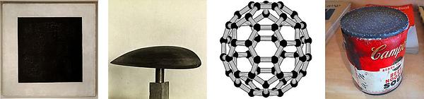 Bedeutende Ikonen, Werke von (links nach rechts): Kasimir Malewitsch, Paul Jaray, Richard Buckminster Fuller und Andy Warhol.