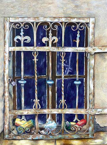Kellerfenster, 2025, 40x30 cm, Buntstift auf Papier