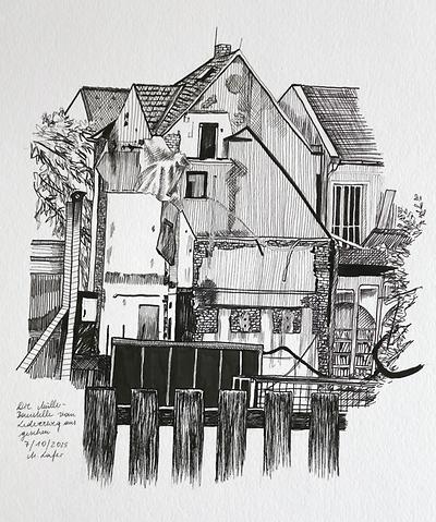 Müller-Baustelle, 7.10.2025, 30 x 40 cm, Tuschestift auf Papier