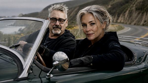 Martin Krusche und die KI-Persona Margarethe by KI in einem Roadster von 1955 (MGA).
