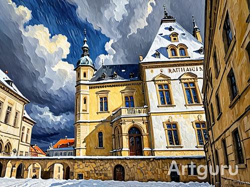 Das Rathaus mit dem MiR (Musuem im Rathaus) per KI.