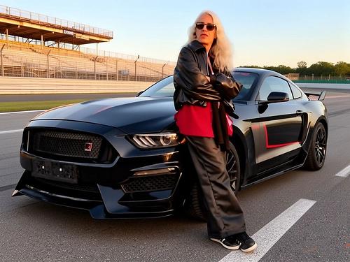 Petra Schwarz bei einer Rennversion des Ford Mustang aus dem Hause Roush.
