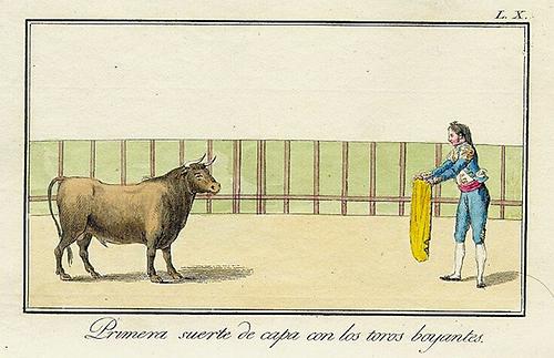 „Tauromaquia“, Blatt 10: „Der erste Gang mit dem Umhang (capa) bei lenkbaren Stieren“.