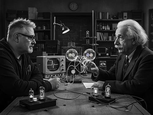 Romantisches Literatur-Motiv per KI: die Zeitmaschine. (Albert Einstein erläutert mir, wie das alles funktioniert.)