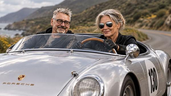 Mit meiner digitalen Redaktionskollegin Margarethe im Porsche 550 Spyder, per generativer KI hergestellt.