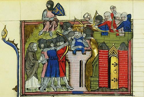 Eine Illustration aus dem Jahr 1337 zeigt Gottfried von Bouillon beim Angriff auf Jerusalem. Er galt generell als einer der bedeutendsten Repräsentanten des Rittertums, war ein Heerführer beim Ersten Kreuzzug und der erste Regent des danach neu gegründeten Königreichs Jerusalem.