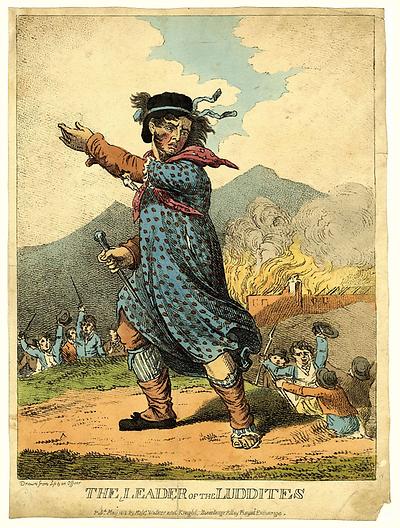 Ned Ludd, der fiktive Anführer historischer Maschinenstürmerei. Eine Grafik von 1812.