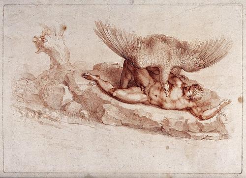 Prometheus (1795), ein Druck von Francesco Bartolozzi nach einem Motiv von Michelangelo (Die Bestrafung des Tityus, 1532)