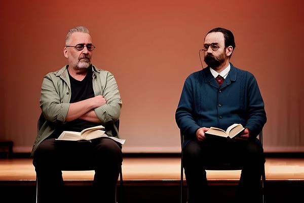 Martin Krusche mit Emile Zola bei einer öffentlichen Kulturdebatte. (Foto by KI)
